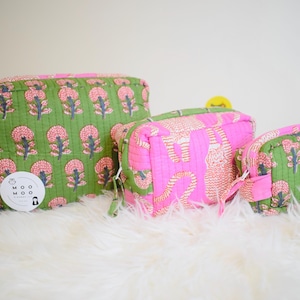 Set of 3 Toiletry Bags Quilted Pouches Indian Block Printed Bags Cotton Makeup Bag Gift for her Birthday Gift Ideas for Women Utility Pouch Pink and Green