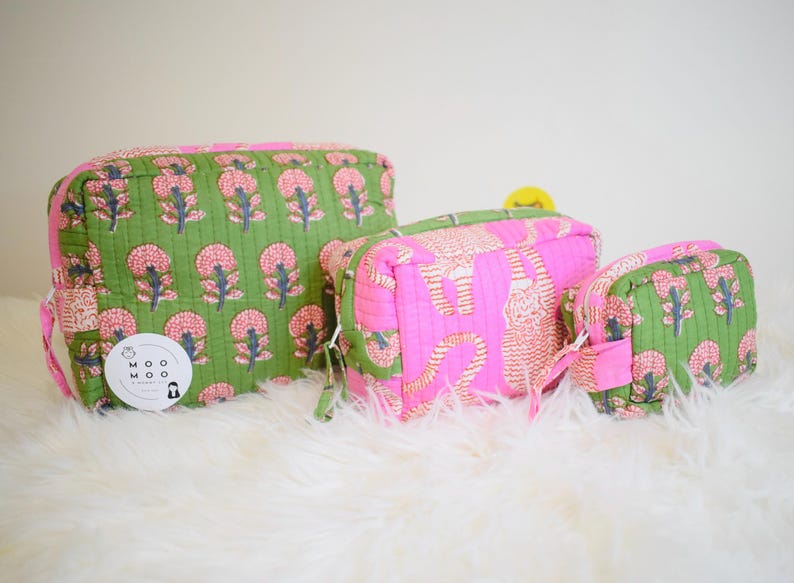 Set of 3 Toiletry Bags Quilted Pouches Indian Block Printed Bags Cotton Makeup Bag Gift for her Birthday Gift Ideas for Women Utility Pouch Pink and Green