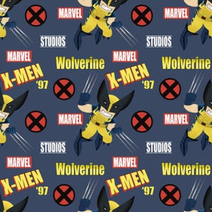 May include: A repeating pattern featuring the Marvel character Wolverine in a yellow and blue costume with claws extended. The design includes the words "X-Men '97", "Marvel", and "Studios" in a dark blue background with red and black circular logos.