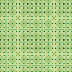 Könnte beinhalten: Ein sich wiederholendes Muster in Grüntönen. Das Design zeigt große, stilisierte Blumenformen und kleinere, vierblättrige Kleeblatt-Elemente. Vertikale und horizontale Linien bilden eine gitterartige Struktur mit einem hellgrünen Hintergrund.