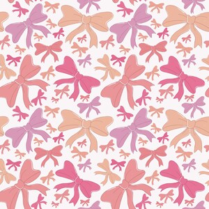 Könnte beinhalten: Ein sich wiederholendes Muster aus Schleifen in Rosa-, Pfirsich- und Lavendeltönen auf weißem Hintergrund. Die Schleifen variieren in Größe und Stil und erzeugen ein skurriles und dekoratives Design. Die Schleifen sind in einem dunkleren Farbton der gleichen Farbe umrandet.