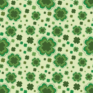 Könnte beinhalten: Nahtloses Muster mit grünen Kleeblättern in verschiedenen Größen auf hellgrünem Hintergrund. Die Kleeblätter haben ein geschichtetes Design mit dunkleren grünen Konturen und Details, was einen texturierten Effekt erzeugt. Ideal für St. Patrick's Day.