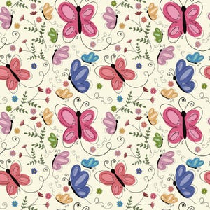 Könnte beinhalten: Ein sich wiederholendes Muster aus bunten Schmetterlingen und Blumen auf cremefarbenem Hintergrund. Die Schmetterlinge sind rosa, lila, blau und korallenfarben, mit schwarzen Umrissen. Die Blumen sind klein und farbenfroh.