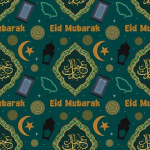 Könnte beinhalten: Nahtloses Muster mit teal-farbenem Hintergrund und goldenen und grünen dekorativen Elementen. Enthält Halbmonde, Sterne, Laternen, Gebetsteppiche und den Text "Eid Mubarak" in goldener Schrift. Das Design wiederholt sich.