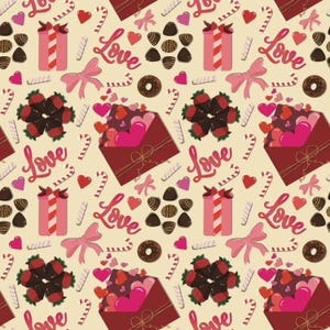Valentine Love Seamless Pattern | Letter | Chocolate Strawberry Digital Paper | Coquette Bow Pattern | Kawaii Dessert Pattern | Hand Drawn