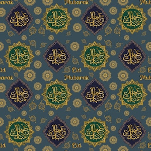 Eid Mubarak Seamless Pattern | Hand Drawn Islamic Gold & Navy Design | Arabic Calligraphy Digital Paper | Luxury Geometric Arabesque Design