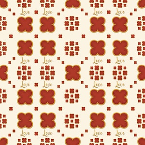 Puede incluir: Patrón repetitivo con formas de tréboles rojos con borde dorado, pequeños cuadrados rojos y la palabra "Love" en escritura dorada sobre un fondo crema. El diseño es simétrico y decorativo.