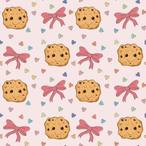 Könnte beinhalten: Ein sich wiederholendes Muster aus lächelnden Cartoon-Keksen, rosa Schleifen und bunten Herzen auf hellrosa Hintergrund. Die Kekse sind braun mit Schokoladenstückchen. Die Schleifen sind mittelrosa. Die Herzen sind in verschiedenen Farben.