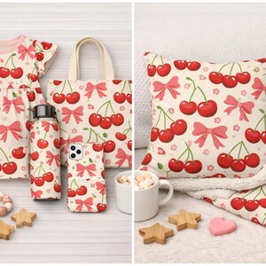 Handmade coquette cherry kawaii pattern with pink bows cute retro fruit cottagecore summer seamless digital paper scrapbook wallpaper fabric