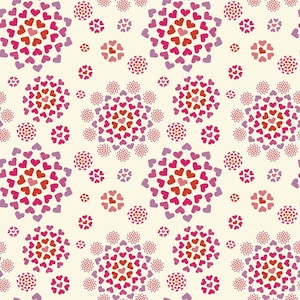 Könnte beinhalten: Ein sich wiederholendes Muster aus herzförmigen Designs in Rot-, Rosa- und Lilatönen auf cremefarbenem Hintergrund. Die Herzen sind in kreisförmigen und floralen Mustern angeordnet.
