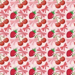 Könnte beinhalten: Ein sich wiederholendes Muster mit roten Erdbeeren, Kirschen und rosa Schleifen auf hellrosa Hintergrund. Kleine weiße Blumen sind ebenfalls im Design verstreut. Die Kirschen und Erdbeeren haben grüne Stiele.