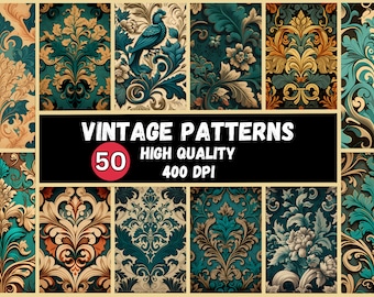 Ensemble de 50 motifs floraux de papier peint vintage, ensemble de Clipart de téléchargement instantané de haute qualité, 400 DPI papier numérique imprimable utilisation commerciale PNG