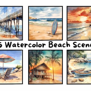 Watercolor Beach Scenes Clipart, High Quality Instant Download Commercial Use PNG&#39;s, 400 DPI Printable Summer Watercolour Scrapbook Paper