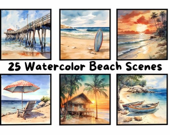 Watercolor Beach Scenes Clipart, High Quality Instant Download Commercial Use PNG's, 400 DPI Printable Summer Watercolour Scrapbook Paper
