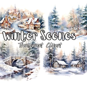 12 Watercolor Transparent Winter Clipart Bundle, Printable Digital Download Clip Art PNG, Woodland Watercolour Scenes