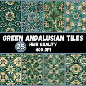 25 Green Andalusian Tile Arabesque Seamless Patterns, High Quality Instant Download Printable Commercial Use PNG&#39;s, Background Digital Paper