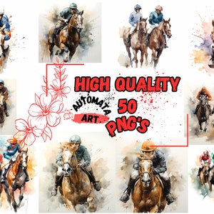 50 Watercolor Jockeys Horse Racing Clipart Set, High Quality Printable Instant Download Watercolour Racehorse, 400 DPI Commercial Use PNG's