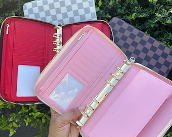 Checkered Leather Budget Binder Wallet, Cash Stuffing Organizer, Gold Hardware