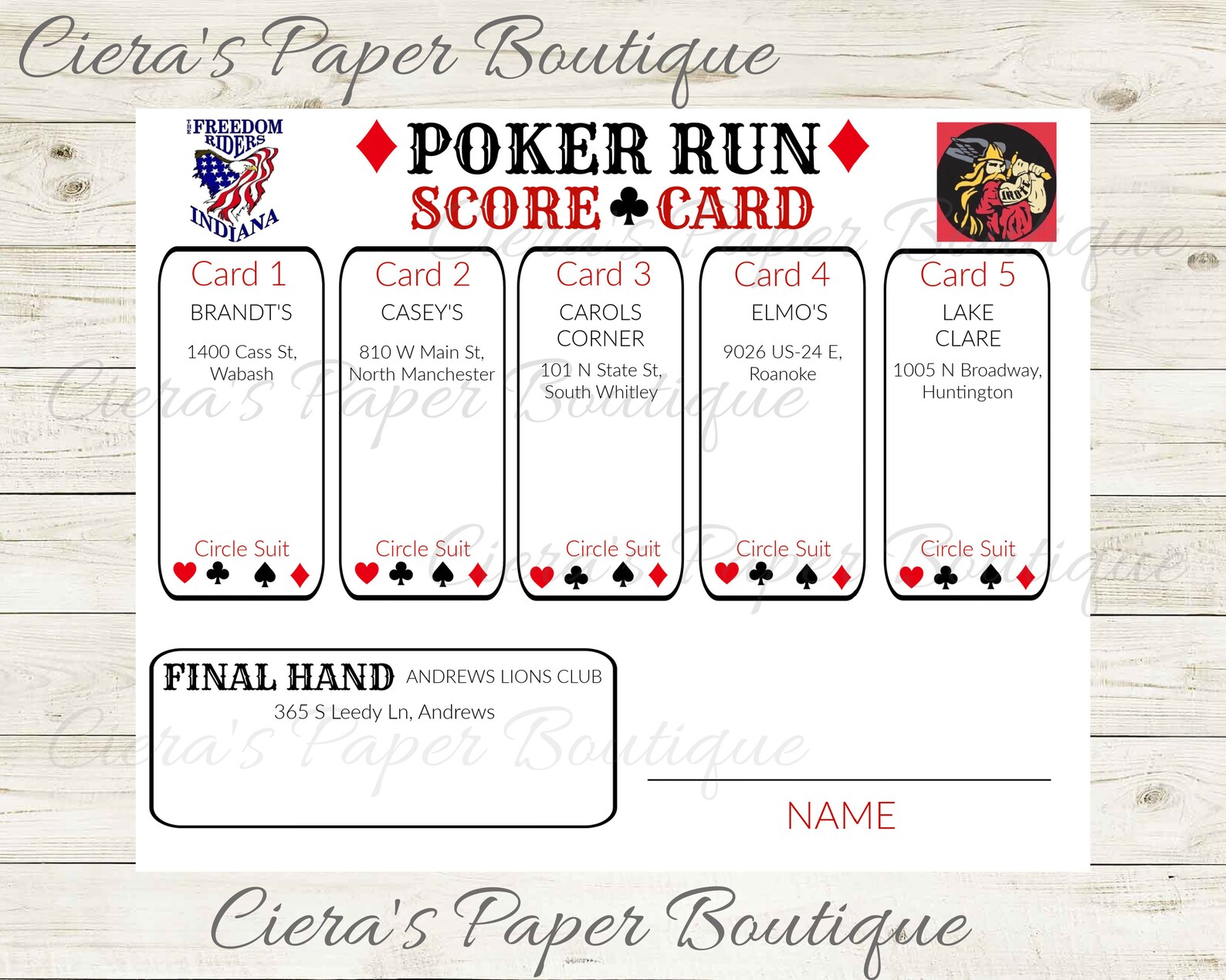 Poker Run Score Card - Etsy