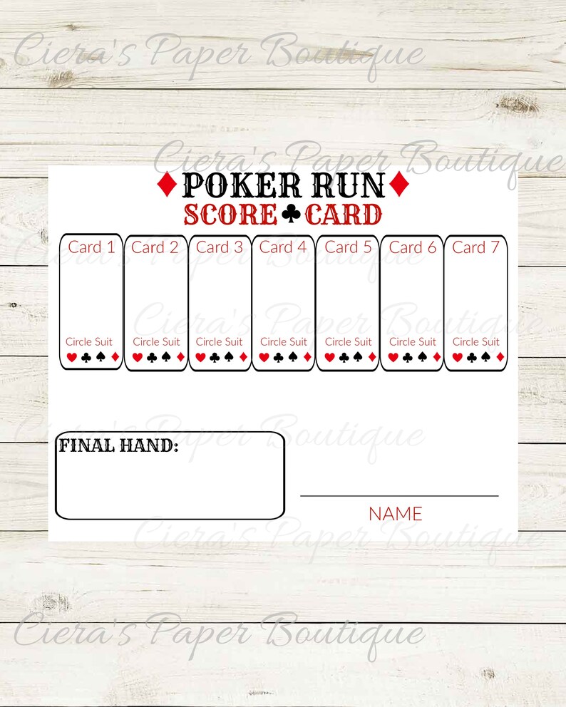 Poker Run Score Card 7 Cards Etsy