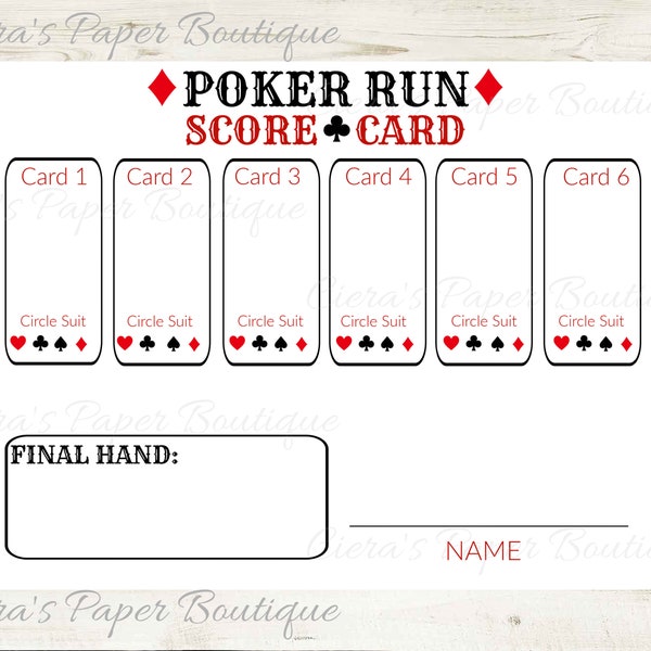 Poker Run Score Card (6 cards)