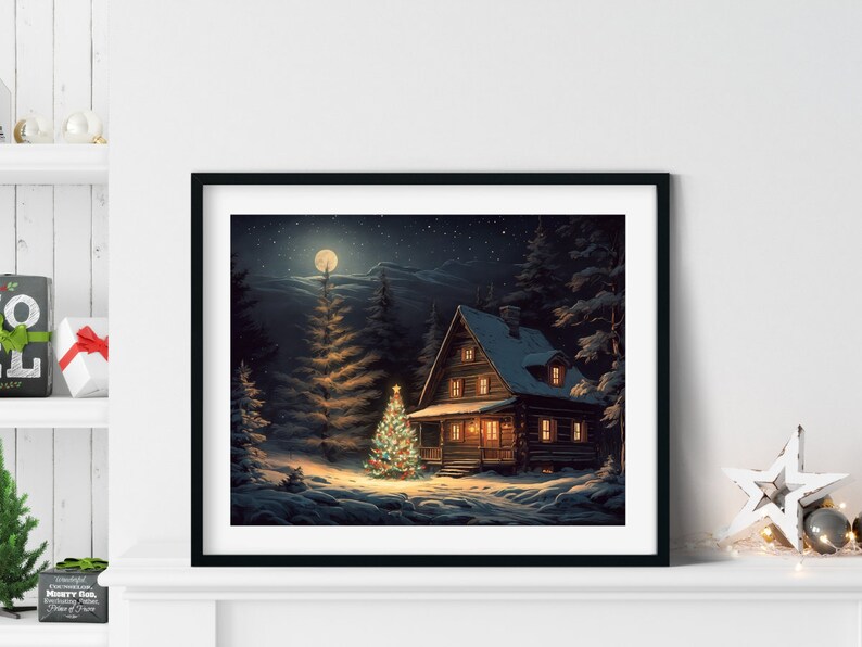 Christmas Printable Wall Art Snowy Cabin Printable Art Etsy