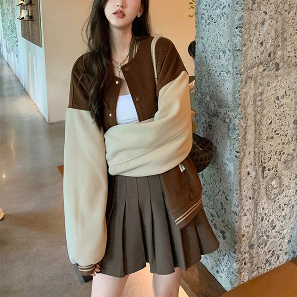 Frühling Herbst koreanische Mode Plüsch Jacken Frauen Braun lose Baseballjacke Mädchen Oansatz Langarm Freizeitmantel Street 2023