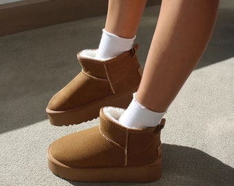 Vegan Designer Ultra Mini, Warm Platform Bont Ultra Mini UGG Dupes, Waterdichte enkellaarzen, Zwart & Bruin, Perfect cadeau voor haar!