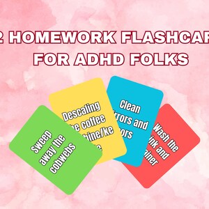 May include: Four colorful flashcards with white text. The text on the cards reads: "Sweep away the cobwebs", "Descaling the coffee machine/kettle", "Clean mirrors and doors", and "Wash the ink and liner".