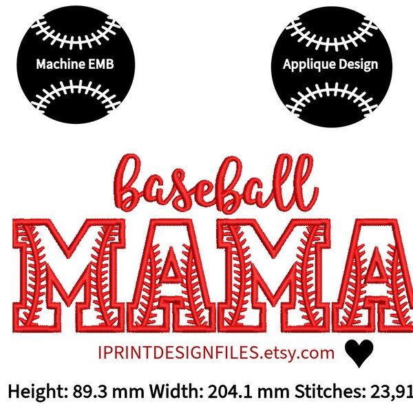 Baseball Mama Broderie Applique Téléchargement instantané T-shirts Sweat-shirts Motifs de broderie machine Broderie Artisanat en tissu à vendre