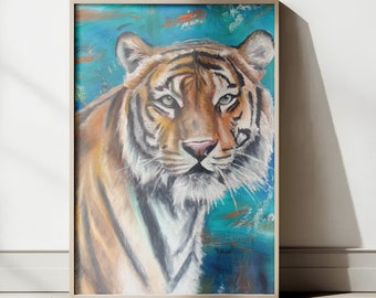 Pintura al óleo de tigre: arte vibrante de la vida salvaje sobre lienzo, pinceladas atrevidas, obra de arte original