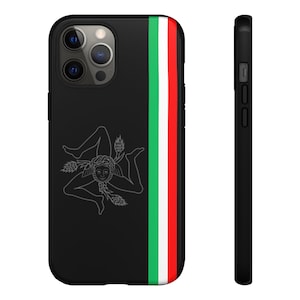 May include: Black phone case with a white outline of the symbol of Sicily, a three-legged figure with a head and wings, and a vertical stripe of the Italian flag colors: green, white, and red.