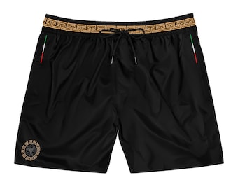Italian Flag Black Swim Shorts Sicilian Trinacria Pool Shorts Beach Summer Swim Shorts Sporty Shorts For Men Gold Trim Design
