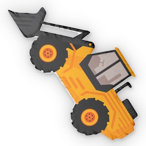 Puede incluir: Un cojín de vehículo de construcción amarillo y negro con ruedas negras grandes y un centro naranja. El cojín tiene un diseño detallado de un vehículo de construcción, que incluye una pala y una cabina. El cojín está diseñado para niños.