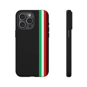 May include: Black phone case with a vertical stripe of the Italian flag colors: green, white, and red.