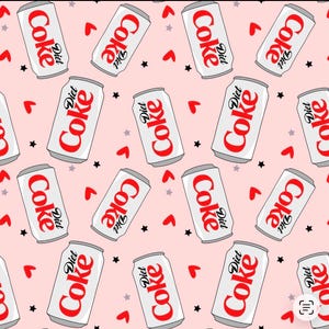 May include: A repeating pattern on a light pink background featuring silver Diet Coke soda cans with red text. The design is interspersed with small red hearts, black five-pointed stars, and tiny grey stars scattered throughout the entire surface.