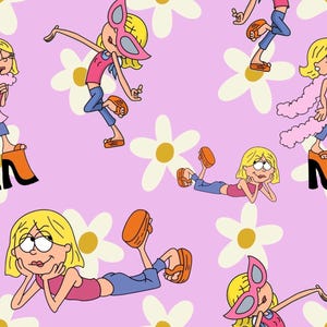 May include: A repeating pattern on a light purple background featuring cartoon figures with blonde hair, pink tops, and blue pants. The figures are shown in various poses, some wearing pink sunglasses or orange platform shoes, interspersed with large white flowers.