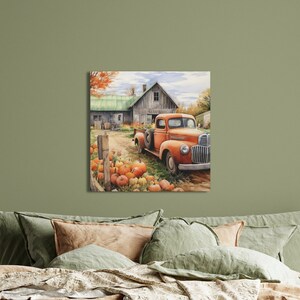 Fall scene with truck and barn home decor antique truck fall scene wall art for vacation home decor fall scene canvas art autumn decor print