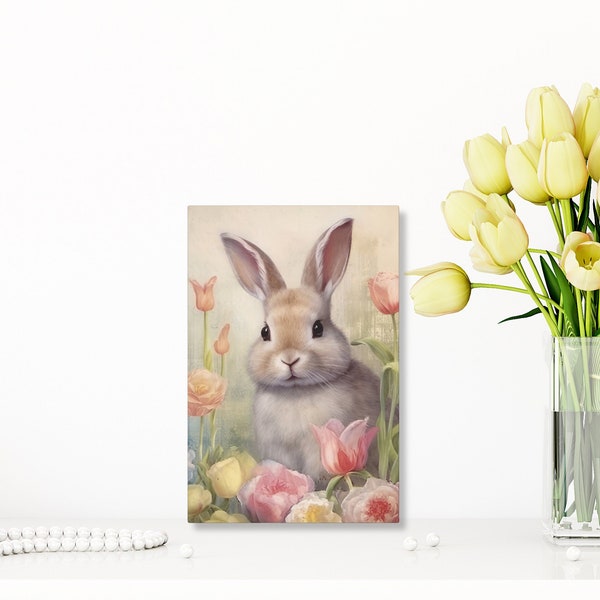 Easter bunny canvas print of bunny in tulips floral bunny artwork for home decor spring rabbit canvas print wall art Easter hanging wall art