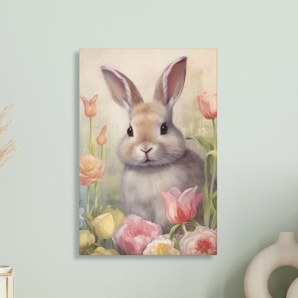 springtime canvas print of bunny in tulips floral bunny artwork for home decor rabbit canvas print tulip wall art Easter hanging wall art