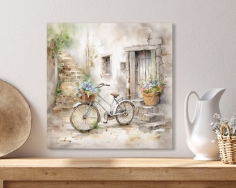 vintage bicycle wall art floral canvas print bike on cobblestone picture old European picture shabby chic bicycle canvas art