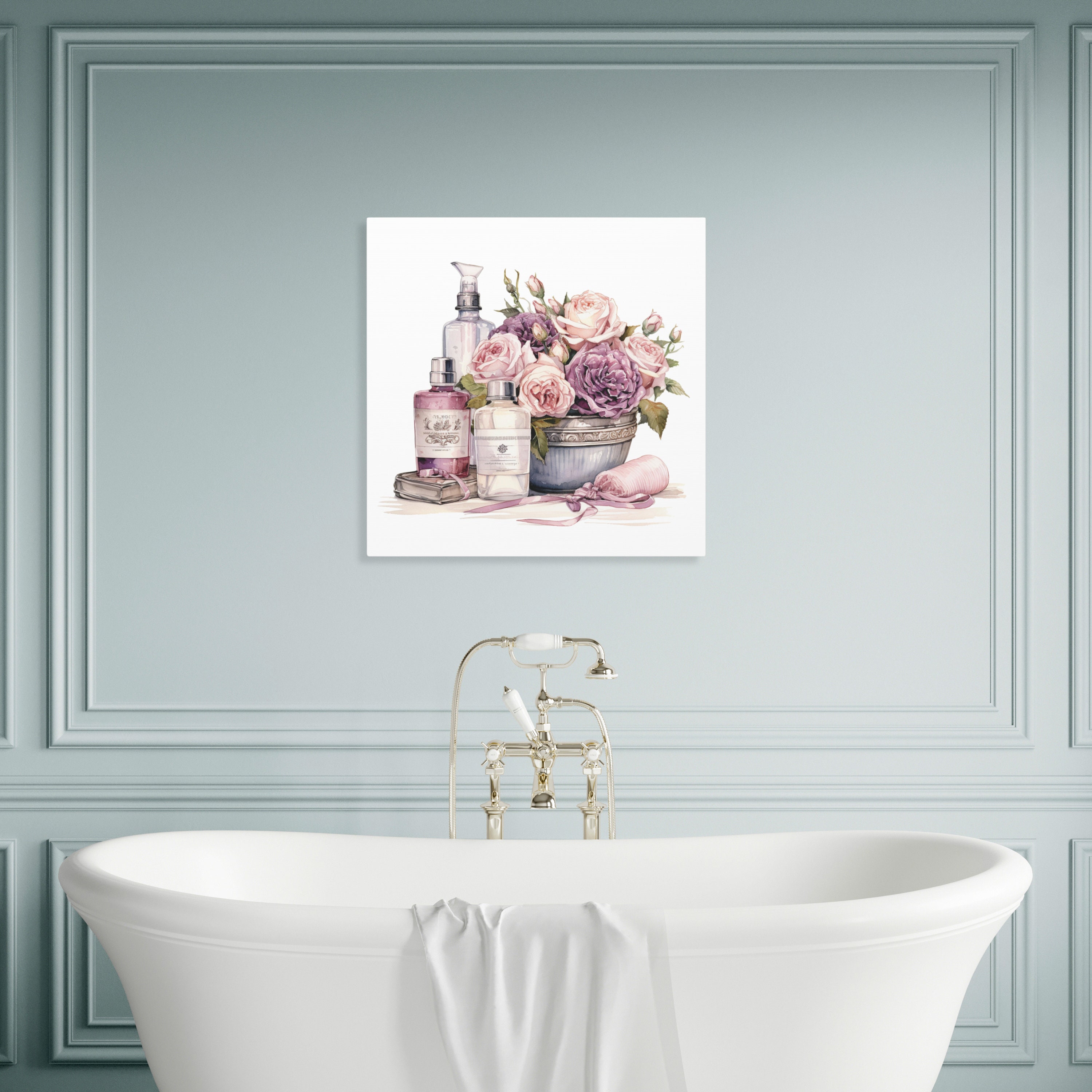 Pink Bathroom Wall Art Floral Pink Wall Decor Bathtub Canvas Print ...