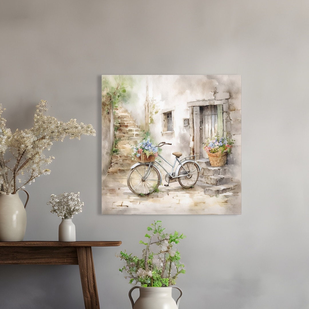 Vintage Bicycle Wall Art Floral Canvas Print Bike on Cobblestone