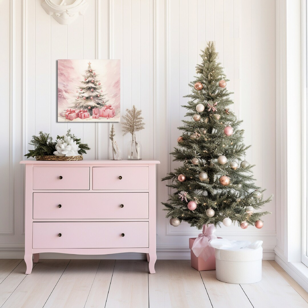 Vintage Pink Christmas Tree Canvas Pastel Holiday Home Decor Classic Xmas Tree Pink Ornaments
