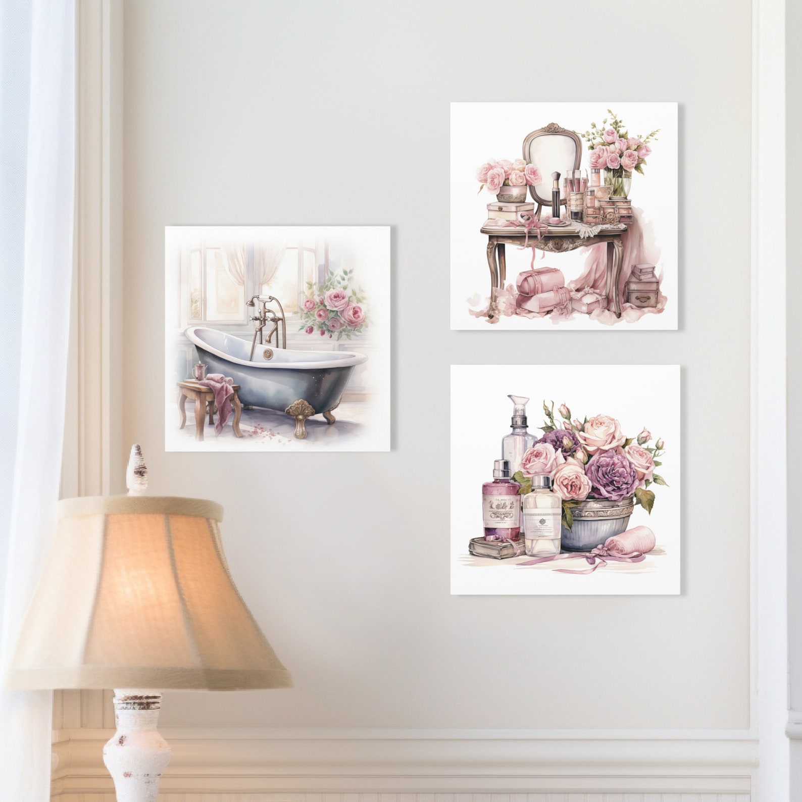 Pink Floral Bathroom Wall Art Shabby Chic Bathroom Decor Pastel Bathtub Canvas Print Shabby