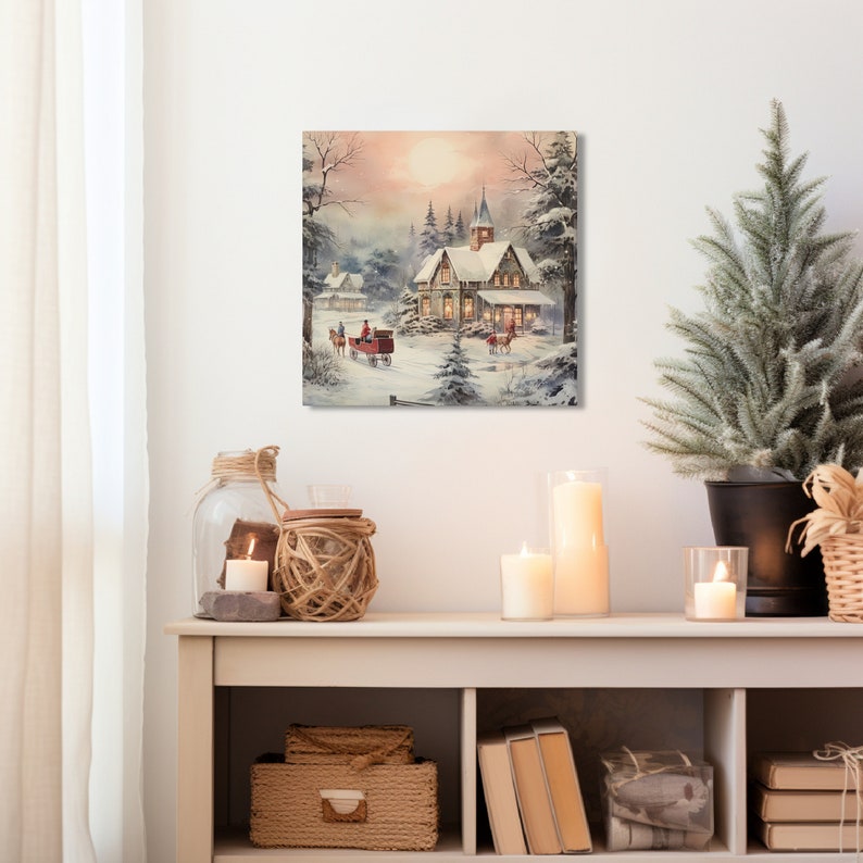 Vintage Winter Picture Old Fashioned Winter Scene Wall Art Sleigh Canvas Print Holiday Home