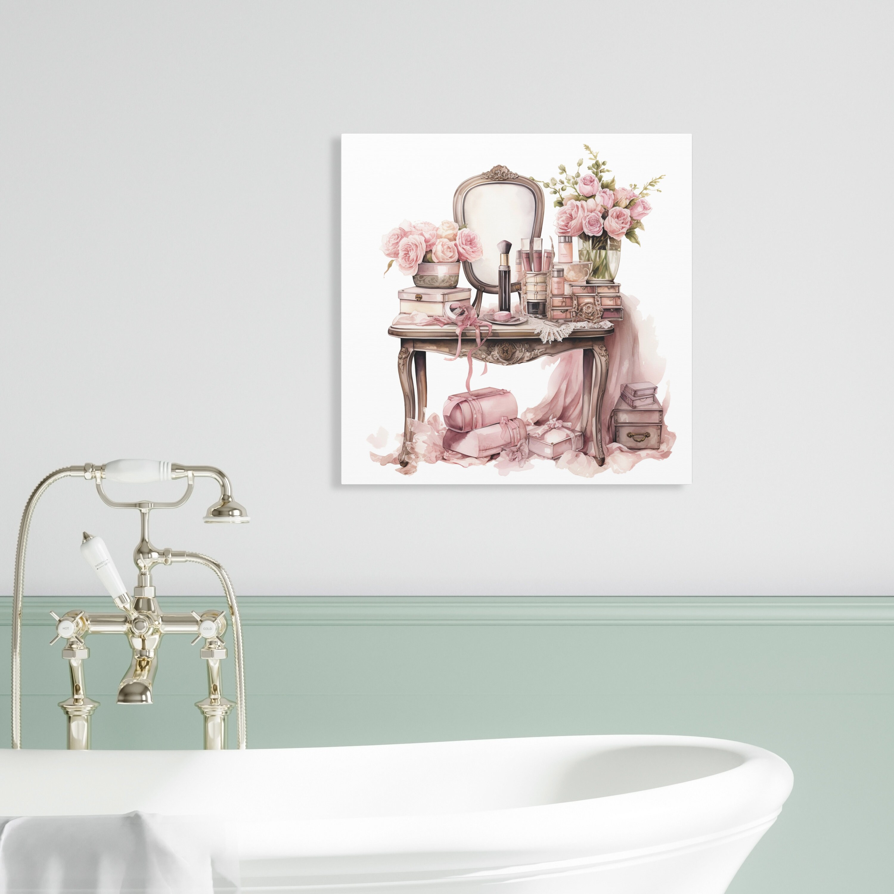 Pink Floral Bathroom Wall Art Shabby Chic Bathroom Decor Pastel Bathtub ...