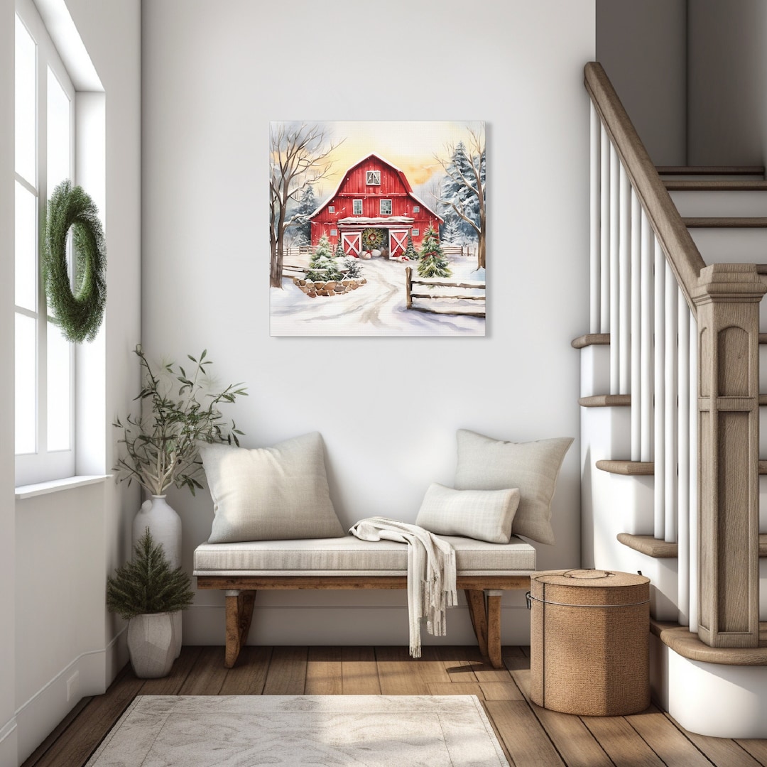 Winter Barn Canvas Print Christmas Barn Wall Art Red Barn Picture