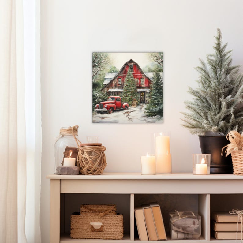 Canvas Art, Red Barn Winter Scene Christmas Wall Art, Holiday Home