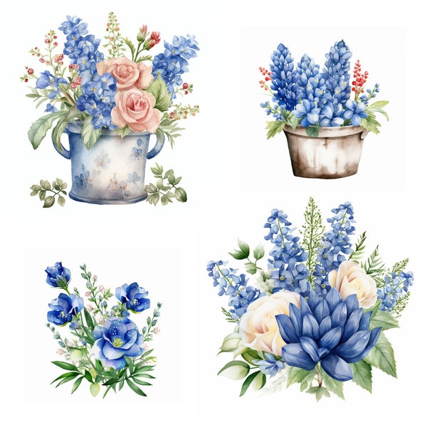 Watercolor Floral Blue Bonnets Clip Art Spring Floral, PNG, Commercial Use